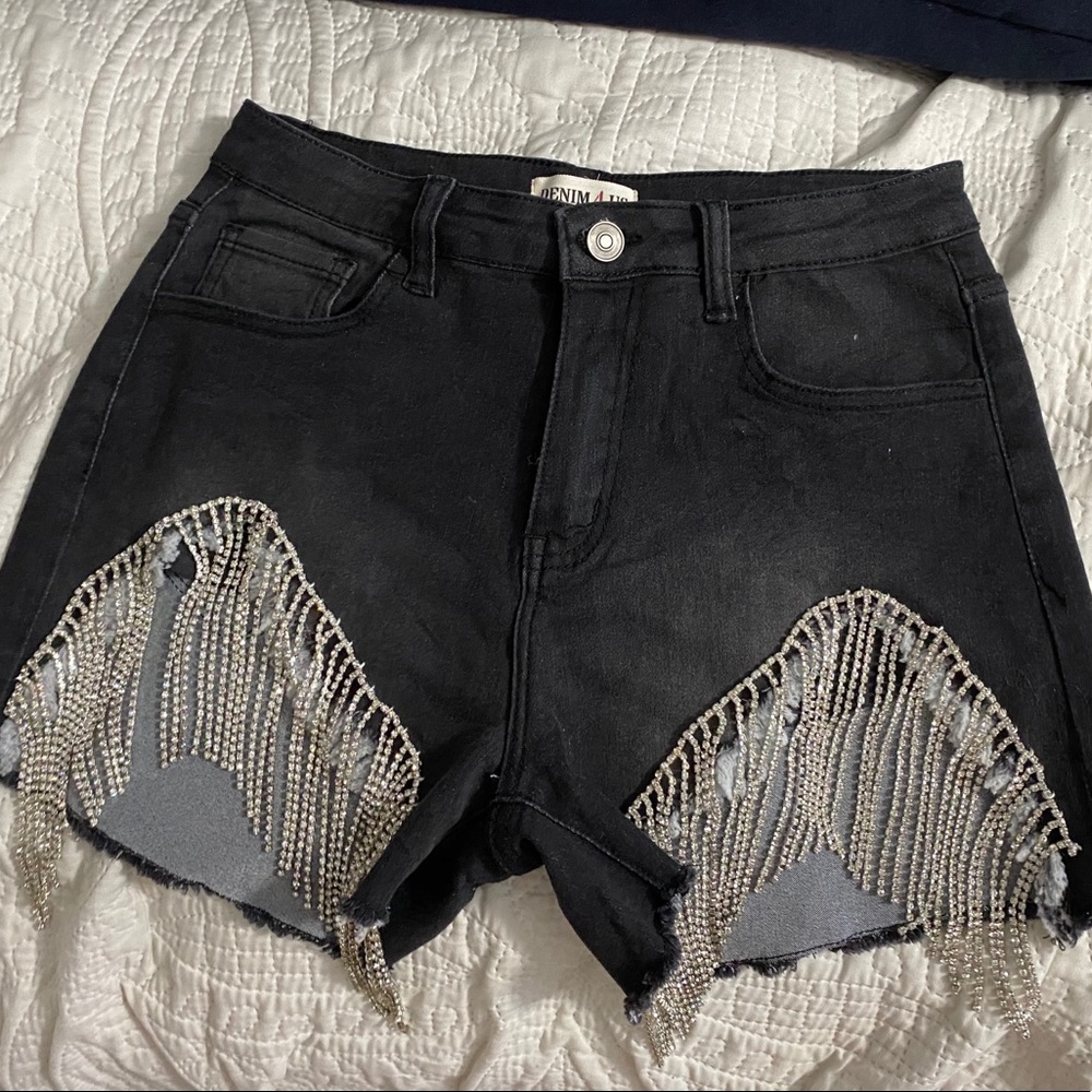 Black Rhinestone Fringe Shorts
